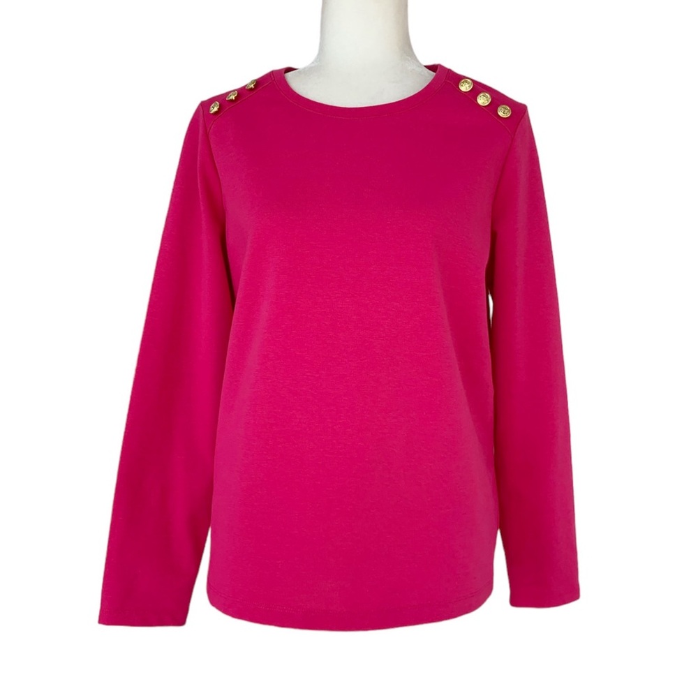 Kim Rogers Long Sleeve Tee with Gold Buttons at Shoulders